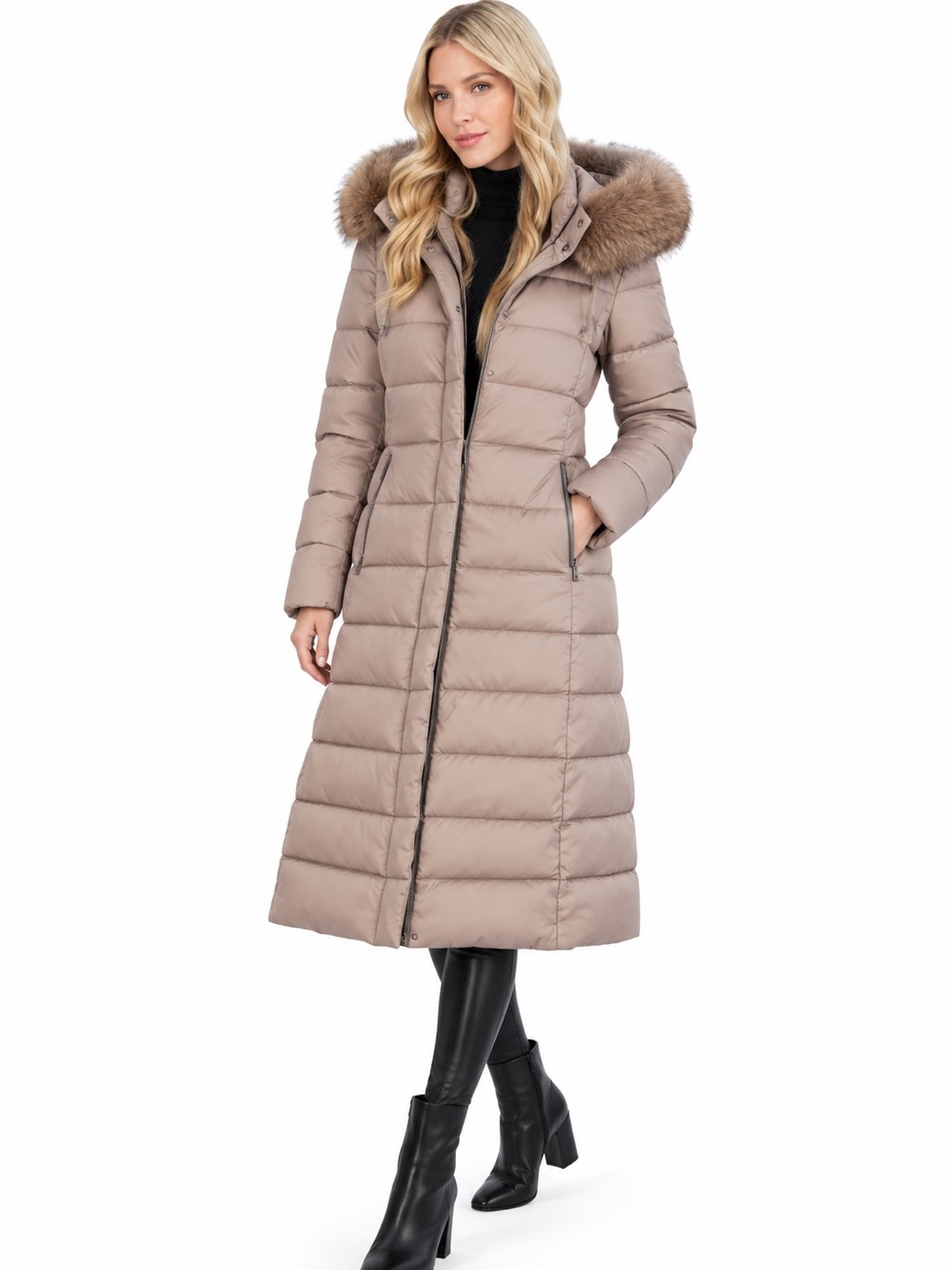 Tahari Nellie Golden Beige Puffer Maxi Coat With Removable Faux Fur Trim  NEW XS